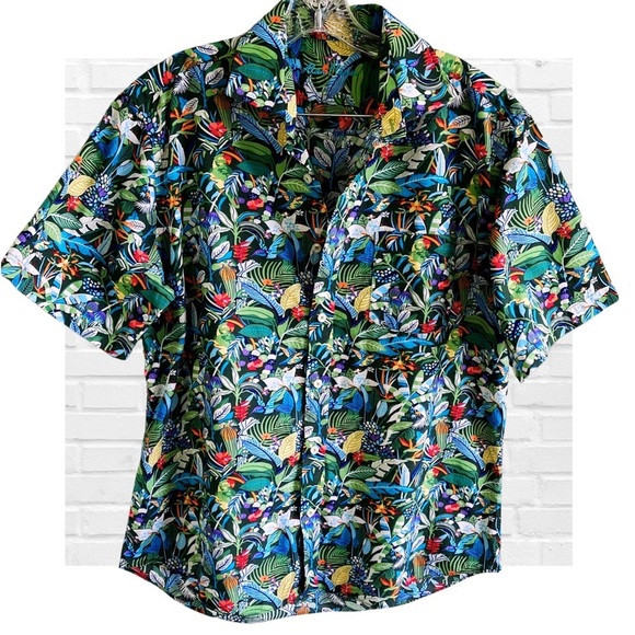 Allan Flusser Hawaiian Tropical Floral Button Up Cuban Camp Shirt Large Parrot - Picture 1 of 11